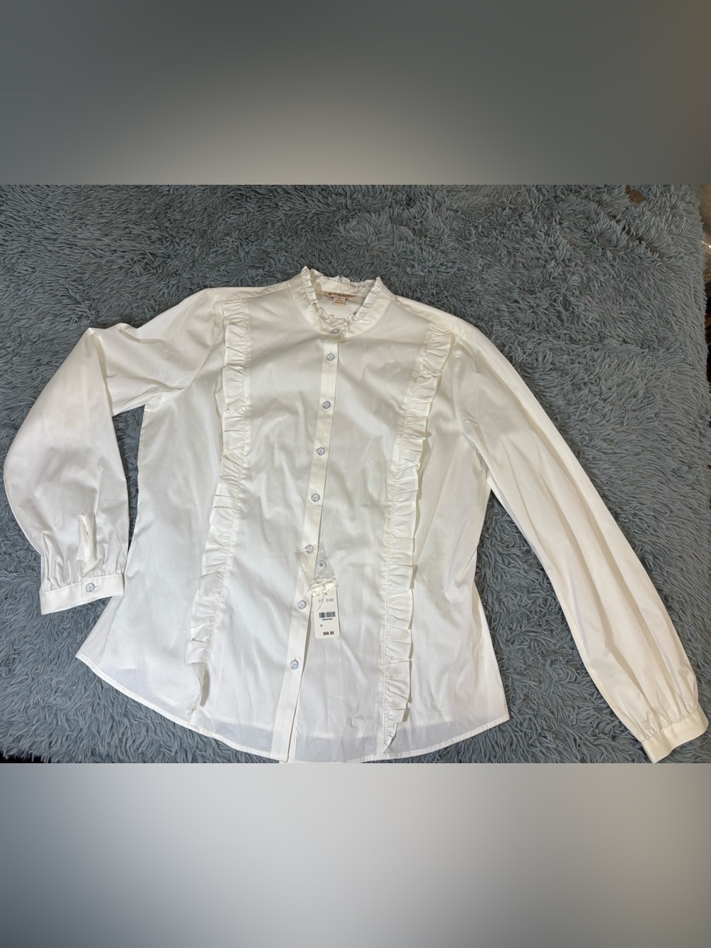 Brooks Brothers White Ruffle-Trim Button-Down Blouse